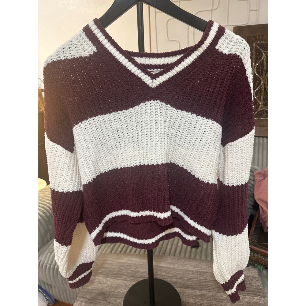 Sweet Envy‎ New York Maroon White Striped V Neck Pullover Sweater Size M